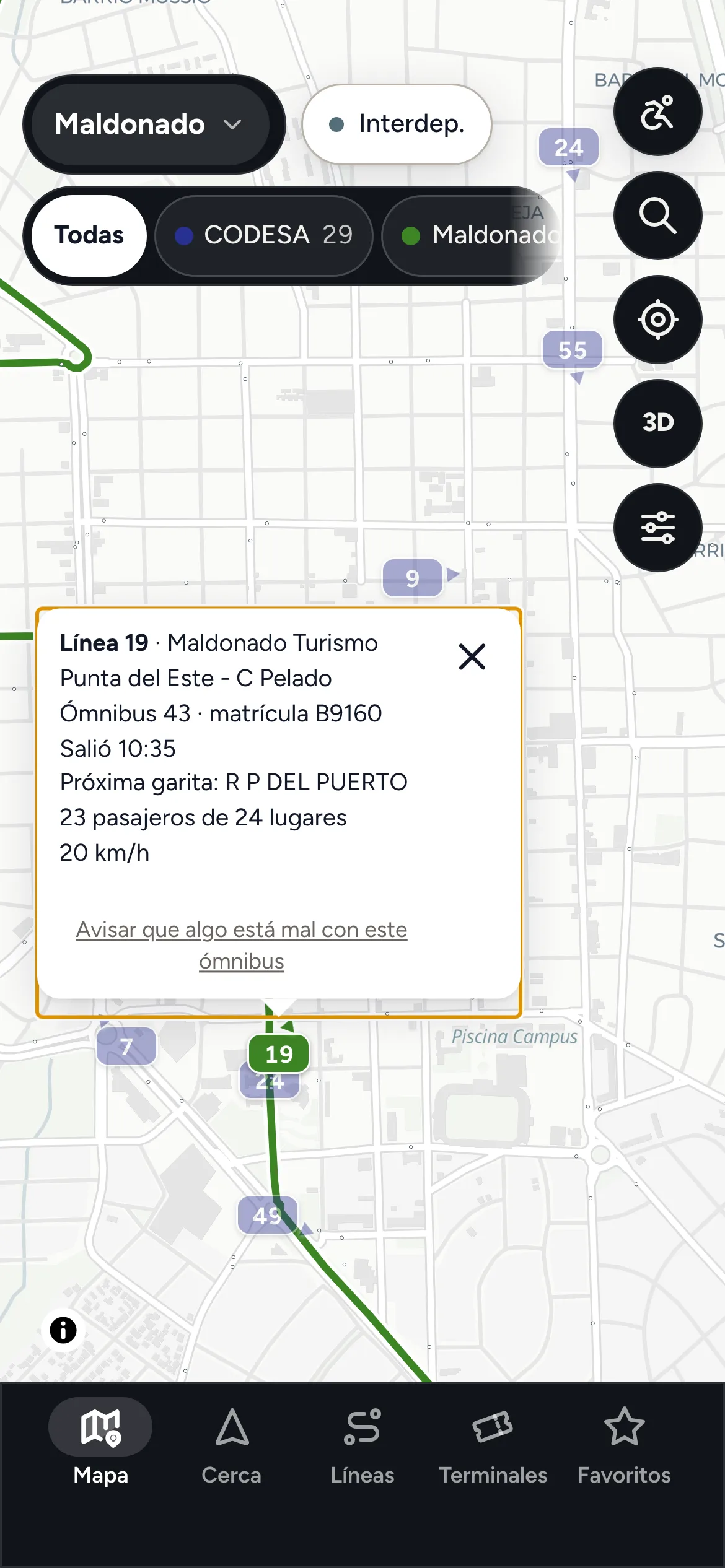 Screenshot of the map with a bus selected: its line, its plate and the next stop