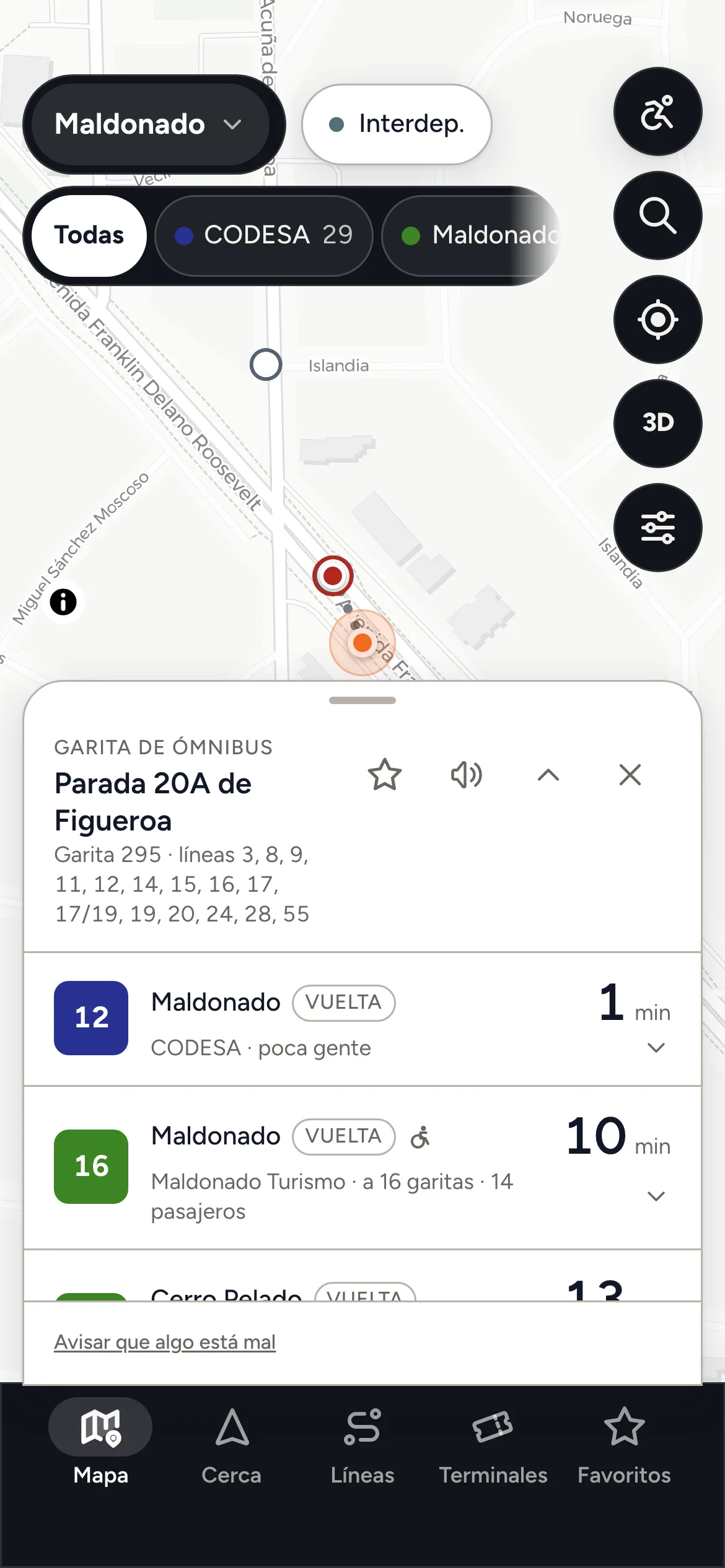 Screenshot of stop 20A on Figueroa with the incoming lines and their minutes